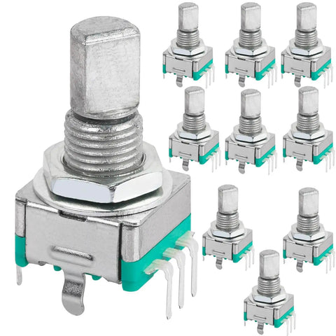 10 Pack EC11 Rotary Encoder With Built In Push Switch, 15mm detented step click wheel, digital potentiometer style, durable construction.