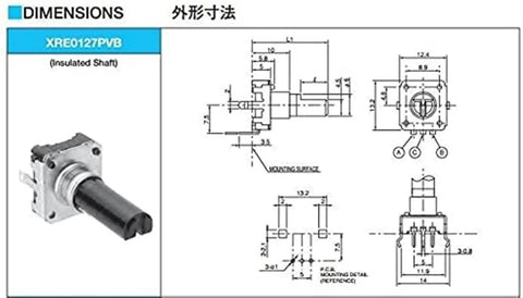 Technical drawing and image of Five Pack EC12 Rotary Encoder With Switch 360 Degree Audio Encoder 24 Position 3 Pin No Push Button
