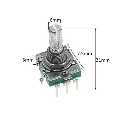 Close-up of 360 Degree Rotary Encoder Switch EC16 with 5-pin, 20mm handle, metal shaft for audio coding and DIY projects.