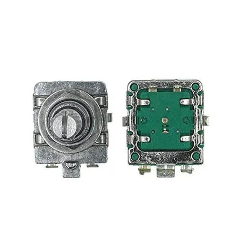 Front and back view of 360 Degree Rotary Encoder Switch EC16 for Audio Coding with 5 Pin Long Handle 20mm Push Switch and Metal Shaft