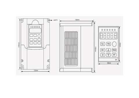 Technical drawing of frequency drive for Beefy ER11 Spindle Motor For CNC Mills And Routers, showing dimensions and control panel layout.