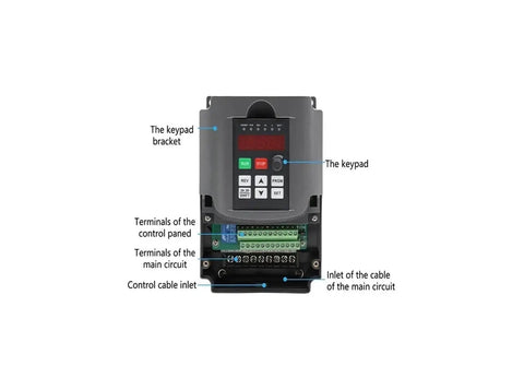 Frequency drive for Beefy ER11 Spindle Motor For CNC Mills And Routers, showing detailed keypad and terminal connections