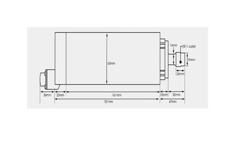 Technical diagram of Beefy ER11 Spindle Motor For CNC Mills And Routers, 110V And 220V Dual Power, 800W, 65mm diameter, 181mm length.