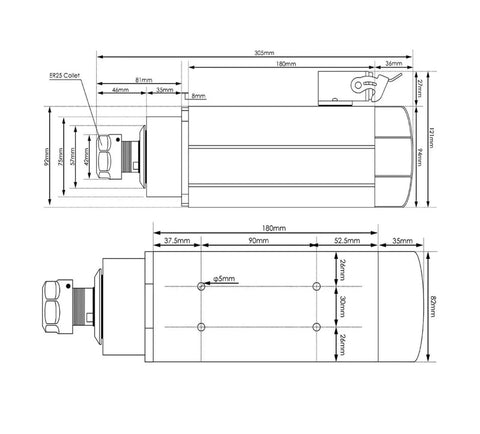 Technical drawing of ER25 Square Air Cooled Spindle Kit 220V 2.2kW with 0.01mm runout ceramic bearings for CNC routers and milling.