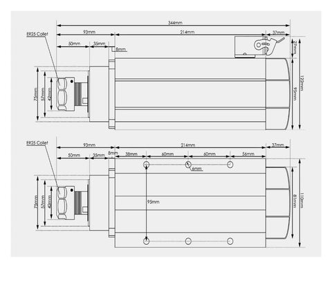 Technical schematic of ER25 CNC Spindle Motor With Ceramic Bearings, Beefy 3.5 kW Air Cooled, 4 Bearings, measurements included.