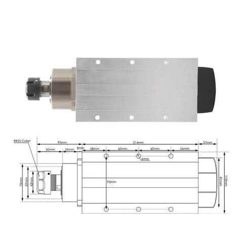 ER25 CNC Spindle Motor With Ceramic Bearings, Beefy 3.5 kW Air Cooled, 4 Bearings, 220V 380V, with technical schematic.