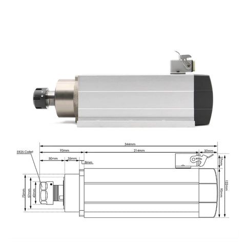Front view of ER25 CNC Spindle Motor With Ceramic Bearings, Beefy 3.5 kW Air Cooled, showing dimensions and design details