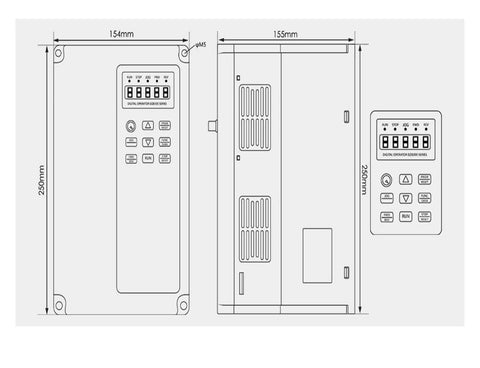 Diagram of 3.7KW VFD Inverter 380V for ER25 Air Cooled CNC Spindle With 3.5KW Motor, dimensions labeled, front and side views shown.