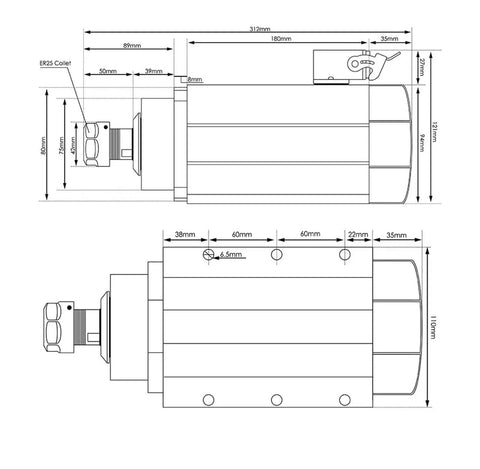Technical drawing of ER25 2.2kW Spindle for CNC Milling, showing dimensions and details for 220V high speed beast with ceramic ball bearings.