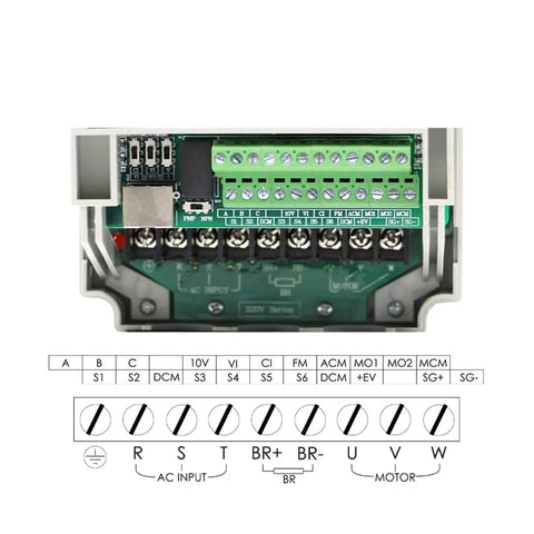 ER25 2.2kW Spindle for CNC Milling inverter connection board, showing wiring terminals and labels for 220V high speed spindle.