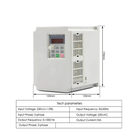 Side view of inverter for ER25 2.2kW Spindle for CNC Milling, showing dimensions and tech parameters.