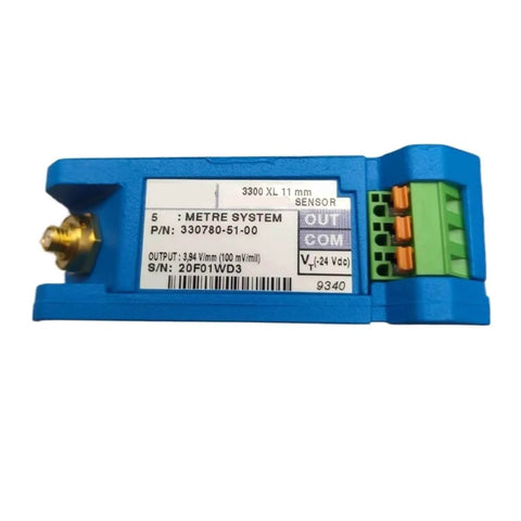 Eddy Current Displacement Sensor 330780-51-00 for precision motion sensing in industrial automation, blue casing, side view
