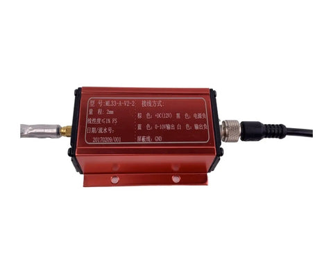 Eddy Current Displacement Sensor ML33-A-A 25mm Range With RS485 Output, red casing, stainless steel, connected for industrial use.