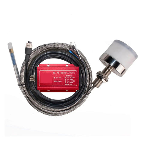Front view of Eddy Current Displacement Sensor ML33-A-V2-3 1-50mm Range, 0-10V Output, 24VDC Non Contact Measurement, Stainless Steel Build.