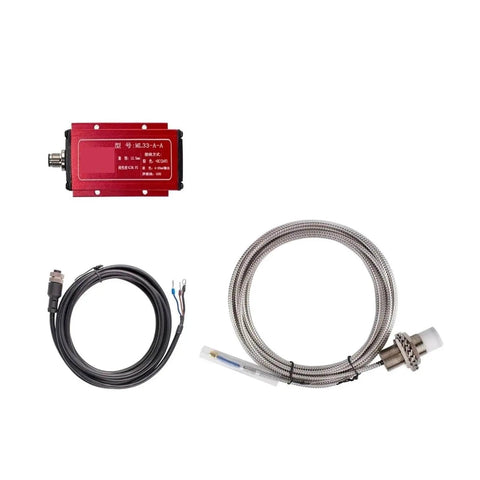 Next Gen Eddy Current Displacement Sensor ML33 A 12.5 Stroke showing sensor unit with cables, stainless steel housing for industrial use.