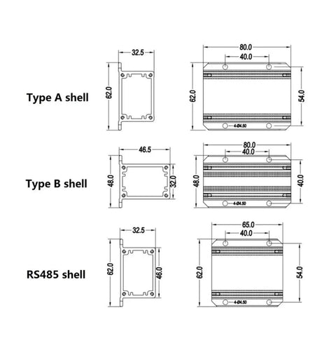 Technical diagram of Type A, B, and RS485 shell dimensions for Go To Eddy Current Sensor Induction Type 4 mm to 5 mm Linear Displacement Transducer.