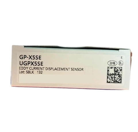 Box of Eddy Current Digital Displacement Sensor GP X5SE No Contact Distance Sensing, showing product label and QR code.