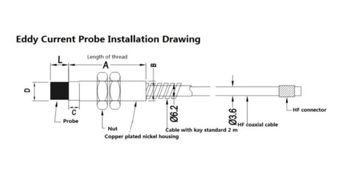 Eddy Current Sensor Induction Type 4mm Or 5mm Linear Displacement Transducer installation diagram with stainless steel housing details.