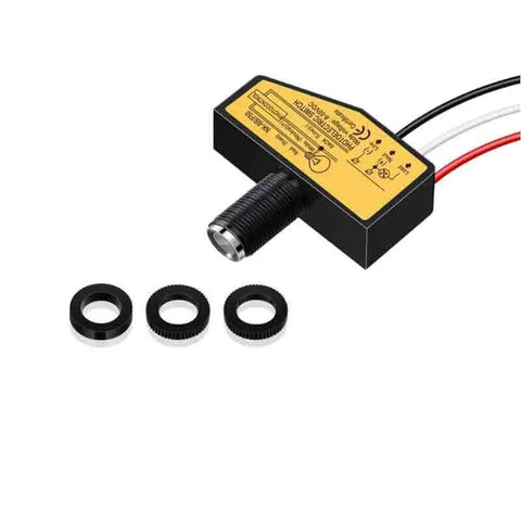 Five Pack Direct Current Photoelectric Switch For Outdoor Lighting Dusk To Dawn Sensor on white background with installation parts