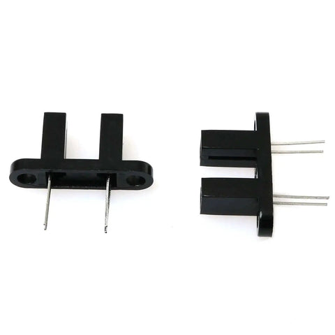 Front and side view of Five Pack HY860F Optical Sensor Switch Infrared Photoelectric Sensor 940 Nm 5.9mm Slot 4 Pins, black plastic and metal housing.