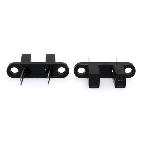 Front view of Five Pack HY860F Optical Sensor Switch with black plastic housing, featuring 4 pins, 940 nm, 5.9mm slot, for automation tasks.