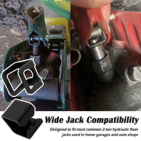 Close-up of 4-piece floor jack clamp set with ring claw clamps, dual 8mm and 6mm sizes, shown on floor jacks in a garage setting.