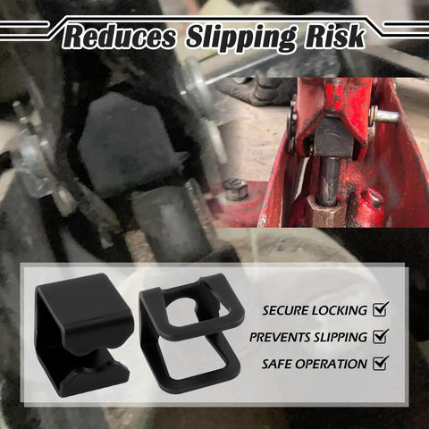 Red floor jack with 4-Piece Floor Jack Clamp Set With Ring Claw Clamps, showing secure grip and anti-slip features for safe car lifting.