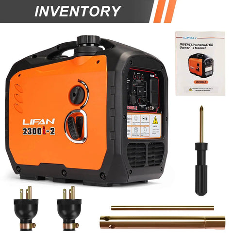 2300W Gasoline Inverter Generator With Pure Sine Wave Output, orange and black generator with accessories and manual