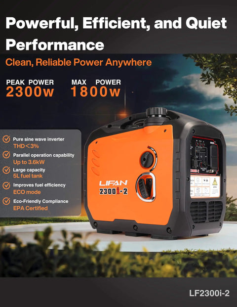 2300W Gasoline Inverter Generator With Pure Sine Wave Output standing on grass, side view displaying power indicators