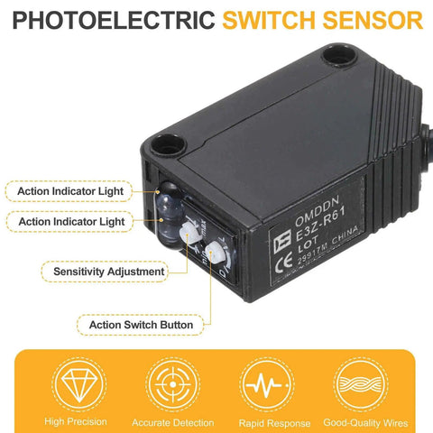 Go-To Industrial Photoelectric Sensor 12-24V DC Diffuse Reflection with action indicator lights and sensitivity adjustment