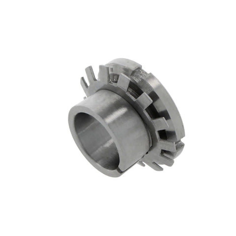 H311 bearing adapter sleeve with lock nut and washer, metal with serrated outer flange (angled view)