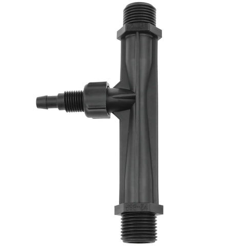 Half Inch Venturi Injector For Irrigation Systems And Fertilizer Mixing, black polypropylene, chemical resistant, front view.