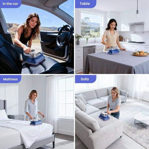 All-In-One Powerful Handheld Mattress Vacuum With Deep Vibration, UV-C Light, LED Display, and HEPA Filter used on various surfaces.