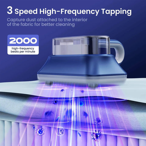 All-In-One Powerful Handheld Mattress Vacuum With Deep Vibration, UV-C Light in high-frequency tapping demonstration on mattress.
