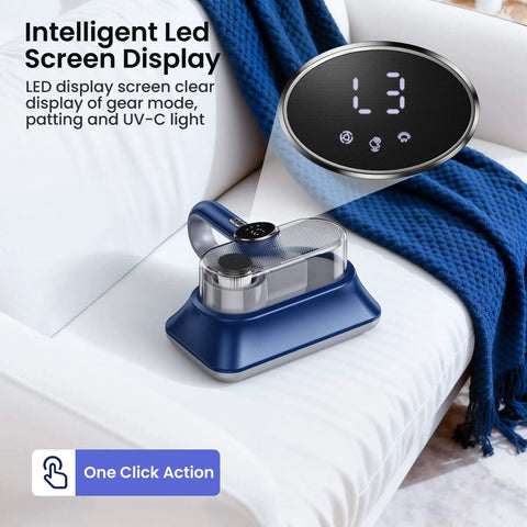 All-In-One Powerful Handheld Mattress Vacuum With Deep Vibration, UV-C Light, LED Display, And HEPA Filter on a sofa