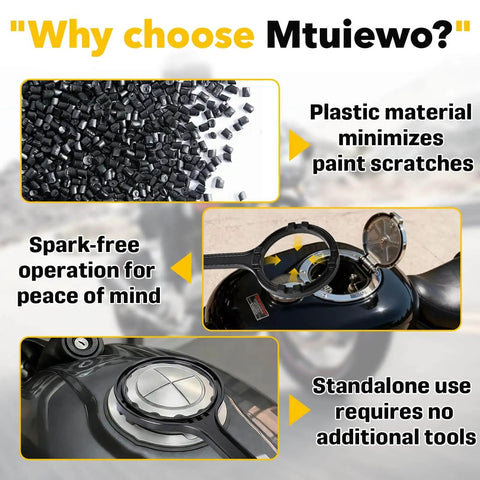 Plastic material used in Pro Grade Fuel Pump Lock Ring Tool and Fuel Filter Wrench, showcasing applications on bike fuel tank.