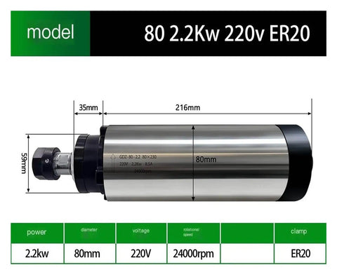 Diagram of Workhorse Round Air-Cooled Spindle for CNC Machines with 2.2KW, 220V ER20 specifications highlighted, metal body.
