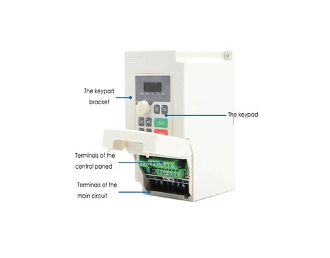 Front view of 220V frequency drive for Beefy 2.2kW ER20 Air Cooled Spindle Kit, showing keypad and circuit terminals.
