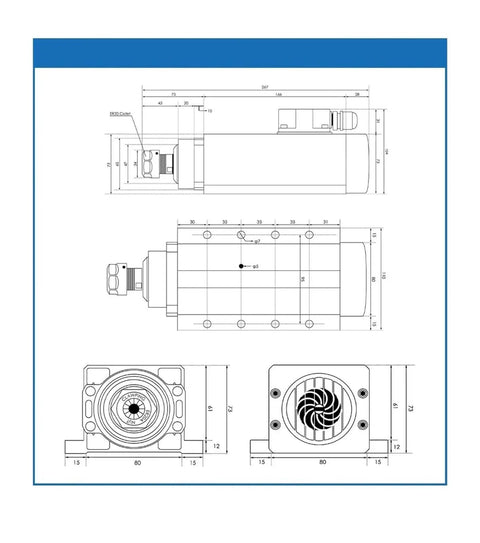 Technical diagram of Beefy 2.2kW ER20 Air Cooled Spindle Kit With Four Ceramic Bearings showing dimensions and design details.