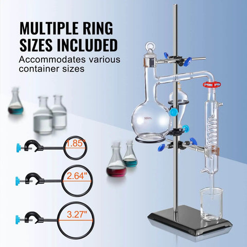 Beefy Lab Stand Support For Chemistry Lab, Heavy Duty Retort Stand With 23.6 Inch Rod, multiple rings, flask setup, blue background