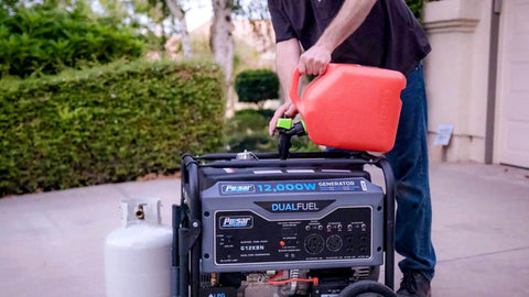 Man fueling Heavy Duty Portable Dual Fuel Generator With Electric Start Delivers 12,000 Peak Watts And 9,500 Rated Watts On Gas