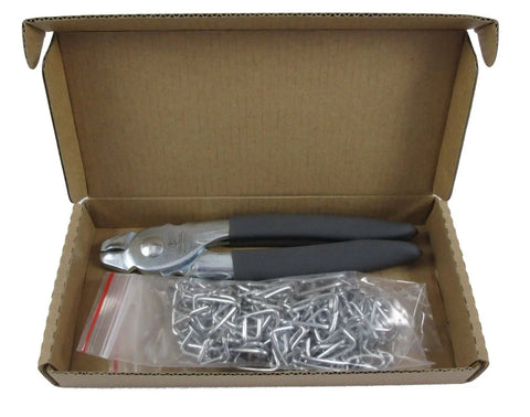 Heavy Duty Hog Ring Pliers Kit With 150 Galvanized Hog Rings, Spring Loaded Jaws And Cushioned Non Slip Grips in cardboard box