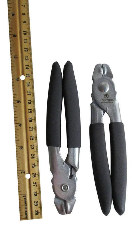 Heavy Duty Hog Ring Pliers Kit with 150 Galvanized Hog Rings, spring-loaded jaws, cushioned grips, 7-inch tool with ruler