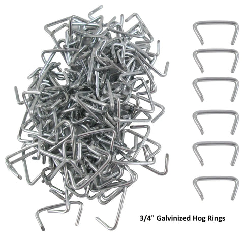 Pile of 3/4 inch galvanized hog rings from Heavy Duty Hog Ring Pliers Kit with 150 Galvanized Hog Rings, Spring Loaded Jaws And Cushioned Non Slip Grips.