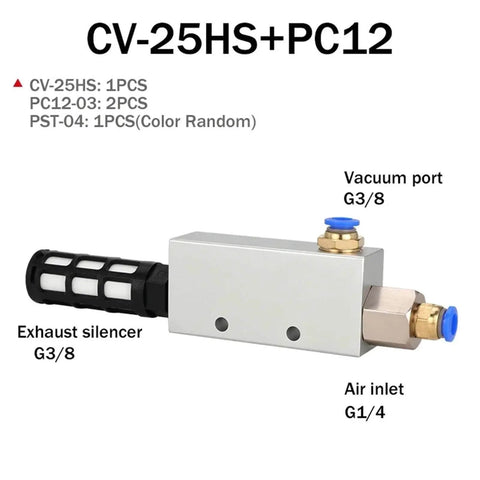 Heavy Duty Pneumatic Vacuum Generator With High Negative Venturi Ejector CV-25HS PC12 version showing vacuum port and exhaust silencer