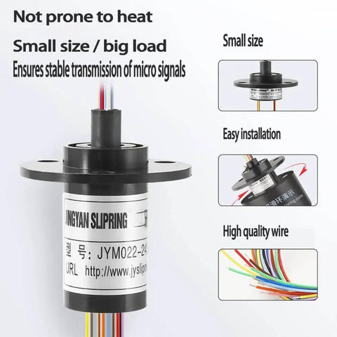 Pro Grade Heavy Duty Slip Ring Connector For Power And Signal Transmission 3 Wires 10A Capacity 22mm Diameter Gold Contacts With Fiber Brush Technology Rotating Electrical Connector In Rugged Engineering Plastics Shell For Long Life, showing small size and high-quality wires.