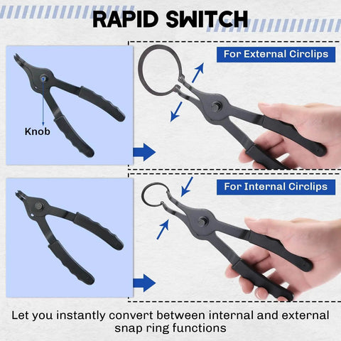 Pro Grade Snap Ring Pliers Set with Internal and External Circlip Pliers, shown in hand with bent and straight tips for conversion.