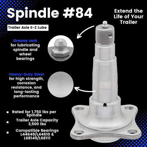 Heavy Duty Trailer Spindle 84 With EZ Lube Weld On Brake Flange for 3500 lb Axle shown with features and specifications.