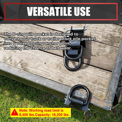 Installed 4-Piece 18,000-Lb Heavy-Duty Removable D Ring Stake Pocket Tie-Down Kit on wooden flatbed trailer, showing D-rings.