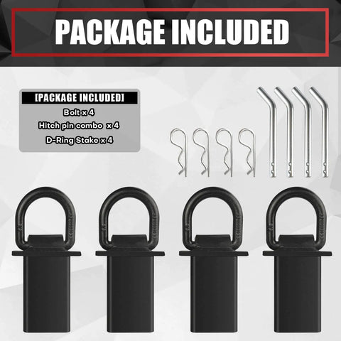 4-Piece 18,000-Lb Heavy-Duty Removable D Ring Stake Pocket Tie-Down Kit components displayed